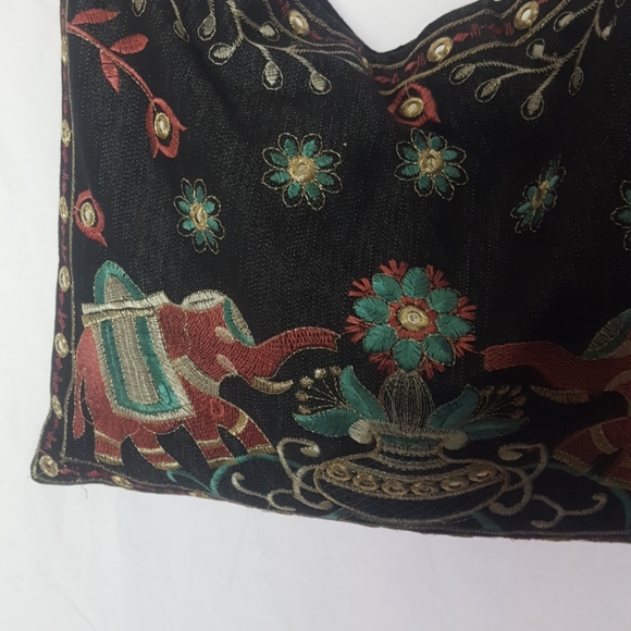 Elephant Embroidered Pink Blue Denim Tote - Picture 3 of 7